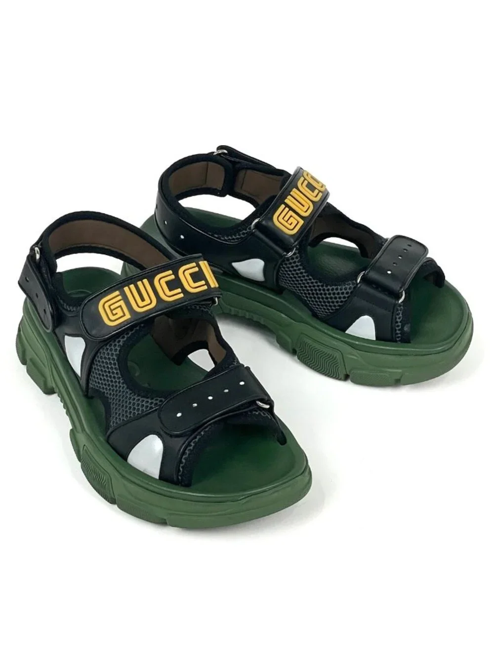 Gucci Logo Mesh Sandals Shoes Leather Rubber Khaki